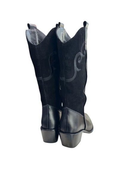 Tufan Shoes Siyah Hakiki Deri Ve Süet İşleme Detaylı Western Çizme Siyah