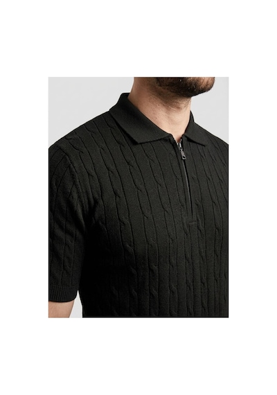 Erkek Yazlık Triko Saç Örgü Tişört Kısa Kol Polo Yaka Fermuarlı T-shirt - Siyah