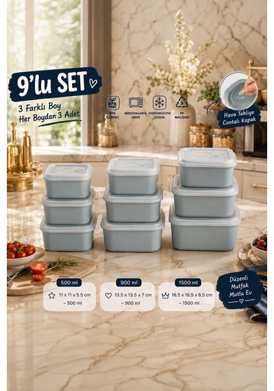 Porsima 5317 9 Parça Kare Hava Tahliye Valfli Saklama Kabı Seti Mavi 3 Farklı Boy X 3 Adet