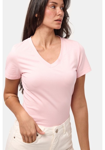 Kadın Light Pembe S6-98 V Yaka %100 Organik Pamuk Esnek Kumaş T-shirt