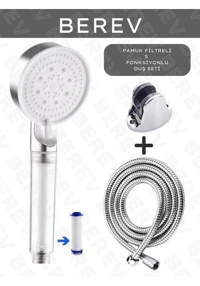 Berev  Filtreli 5 Fonksiyonlu Krom Yüksek Basınçlı Ayarlanabilir Duş Başlığı 150 Cm Hortum Mafsallıı Set Krom