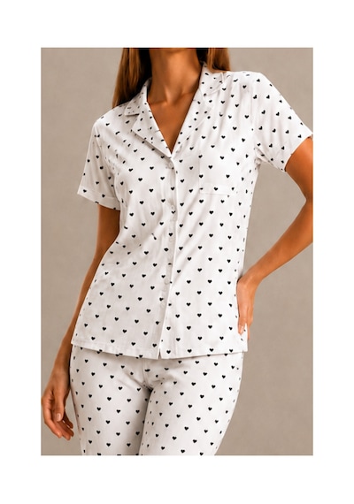 Fit Women Kadın Kısa Kol Rahat Kalıp Şık Kar Beyaz Pijama Takımı