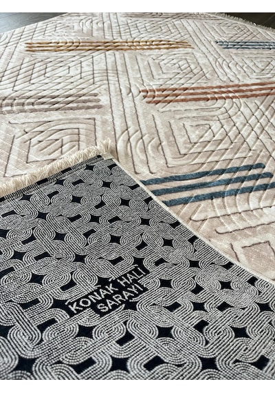 Konak Halı Renkli Modern Halı Geometrik Desenli Emboss Saçaklı Salon Halısı Krem