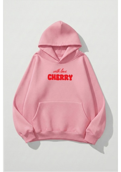 Uyguntarz Unisex Yumuşak Dokulu With Love Cherry Baskılı Tasarım Oversize 3 İplik Hoodie Sweatshirt Pembe