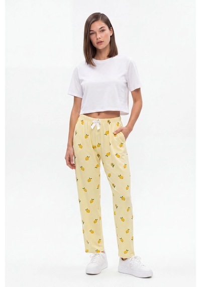 Cemo Sarı Limon Baskılı Beli Lastikli Ve Fiyonk Detaylı Pijama Altı