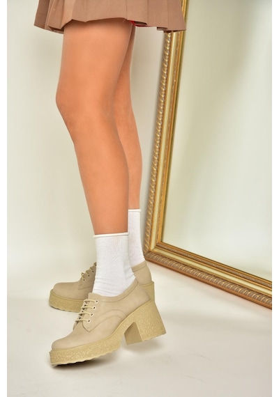 Fox Shoes T996154009 Bej Kalın Topuklu Bağcıklı Kadın Ayakkabı Taba