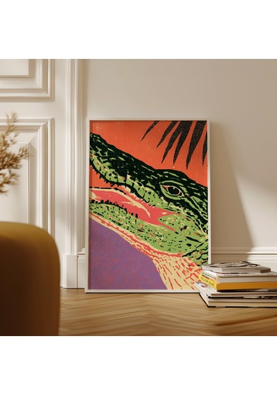 Timsah Kafası Linol Baskı Sanat Eseri Cesur Tropikal Sürüngen Duvar Dekoru Turuncu Ve Yeşil Vahşi Yaşam İllüstrasyonu
