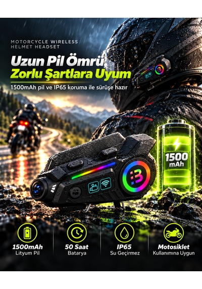 Kameralı Motosiklet Kask İnterkomu 2k Hd Video Kayıt Bluetooth 6.0 Rgb Işıklı Ip65 1500mah Kask Kulaklığı