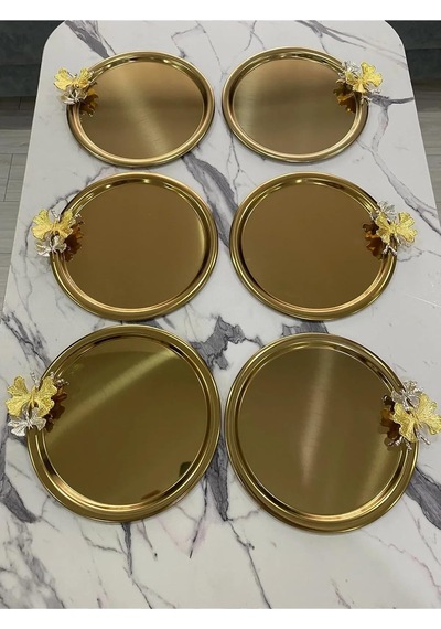 6'li Kelebekli Yuvarlak Gold Sunum Tepsisi Dekoratif Servis Tepsisi Çay, Kahve 22 Cm