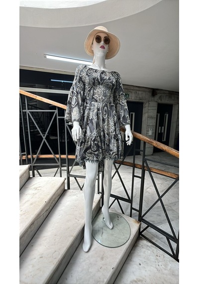 Eren Style Yapraklı Desenli Madonna Yaka İpek Elbise-10348 Gri