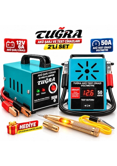 Tuğra 2'li Set 50a Akü Test Cihazı Voltmetre + 12v 6a Akü Şarj Cihazı + Oto Elektrik Kontrol Kalemi Hediye