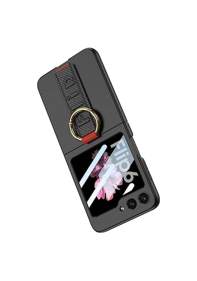 Zore Galaxy Uyumlu Z Flip 6 Kılıf Kamera Korumalı Yüzüklü Karbon Tasarımlı Flip Ring Kıp Siyah