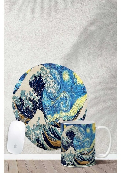 Van Gogh Kanagawa Desenli Bilek Destekli Mouse Pad Kupa Seti Mousepad