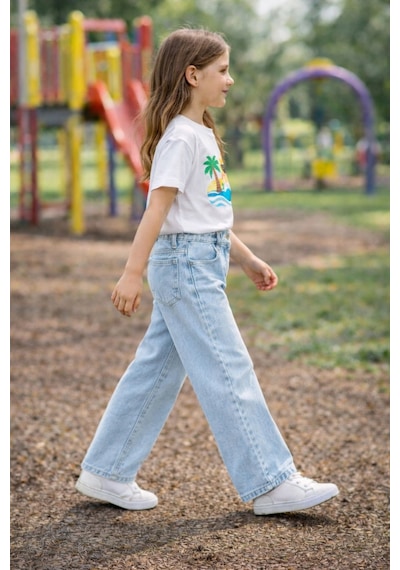 Cedy Denim Cedy Denım Yüksek Kalite Kız Çocuk Yüksek Bel %100 Cotton Palazzo Jean Pantolon Buz Mavisi