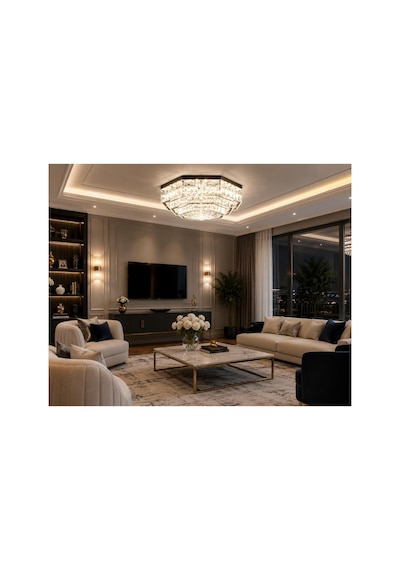 Modern Kristal Plafonyer Taşlı Avize Led Altıgen 3 Renk Krom Salon Oturma Odası Lüks Tavan Aydınlatma Gümüş