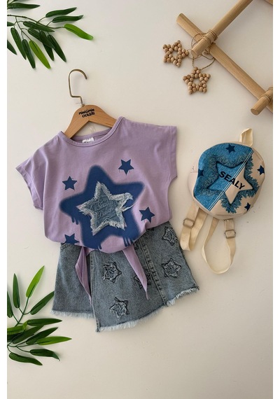 Miniğimin Cicileri Yıldız Desenli Çantalı Kız Çocuk Kot Şortetekli 3 Lü Takım - Lila
