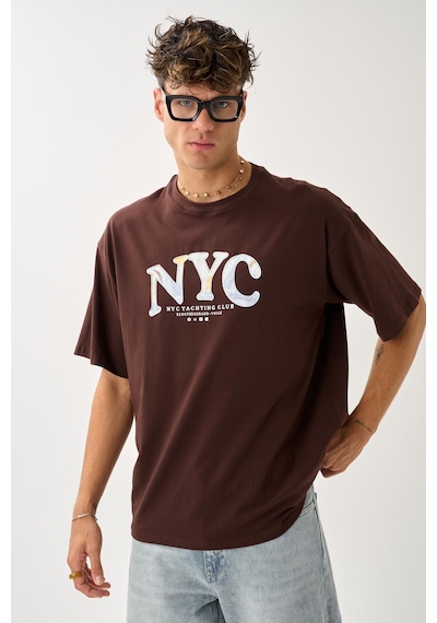 Geniş Kalıp Bisiklet Yaka Baskılı Unisex T-shirt Kahverengi