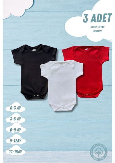 Betül Bebek Kısa Kollu 3'lü Organik Pamuk Çıtçıtlı Bebek Body&zıbın Siyah,beyaz,kırmızı Çok Renkli
