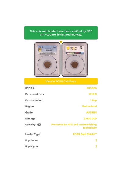Pcgs Au58 1919 B İsviçre 1rap Sertifikalı Nfc Çipli Özel Koleksiyon Parası