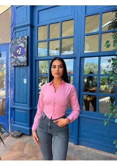 WeShaya Pembe Polyester Pamuk Parçalı Gömlek Pembe