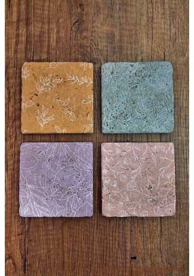 Doğal Taş Bardak Altlığı Pastel Renk Çiçek Desenler Baskılı 4'lü Set - Stone Coasters 272 Çok Renkli