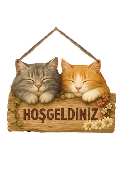 Kapı Süsü Ahşap "hoşgeldiniz" Yazılı Retro - Sevimli Kediler