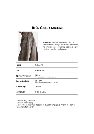 Itsbasic Kadın Kot Rengi 4s6-16 Süper Baggy Balon Fit Nakış Detaylı Özel Tasarım Denim Jean Mavi
