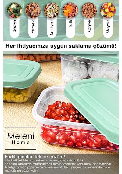 Meleni Home 4 Adet Dikdörtgen Erzak Saklama Kabı Mikrodalgaya Uygun Düzenleyici Organizer 740 ML Yeşil