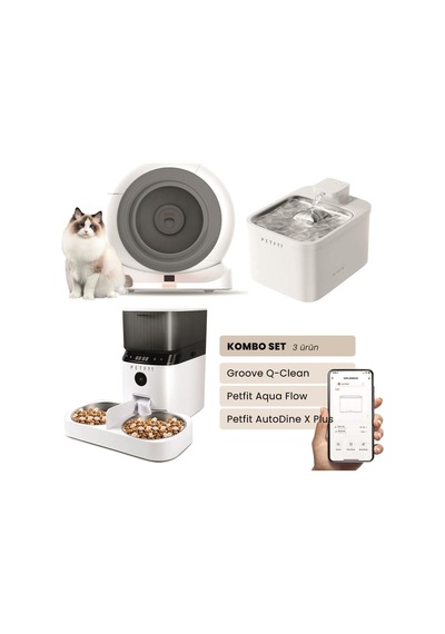 Groove Q-clean Akıllı Otomatik Kedi Tuvaleti Gri - Petfit Aqua Flow Akıllı Bataryalı Su Pınarı Çeşmesi + Petfit Autodine X Plus Akıllı Otomatik Mama Kabı Bundle