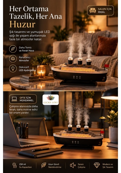 Gemi Tasarımlı 250 Ml Led Işıklı Aromaterapi Hava Nemlendirici Buhar Makinesi Uzaktan Kumandalı Zaman Ayarlı