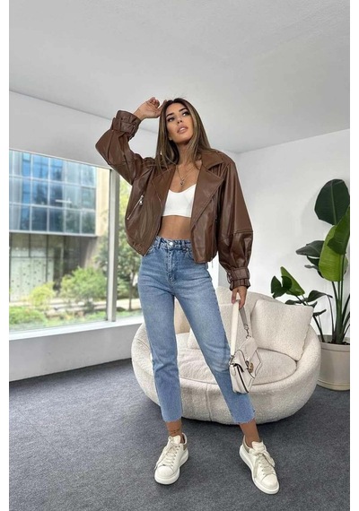 Laleli Butik Kadın Siyah Oversize Deri Ceket Taba Taba