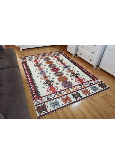 Krem Ve Çok Renkli Geometrik Desenli Halı - 12479ou Krem - Bordo