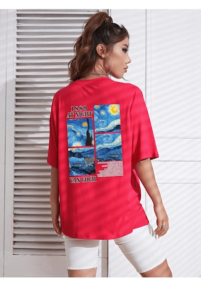 Uyguntarz Unisex Van Gogh Baskılı Oversize Tshirt Kırmızı