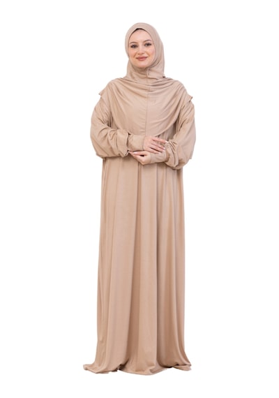 Modish Group Tek Parça Namaz Elbisesi Seti, Viskon Yumuşak Tesettür Abaya, Rahat Hazır Şal Başörtüsü Takım Koyu Vizon