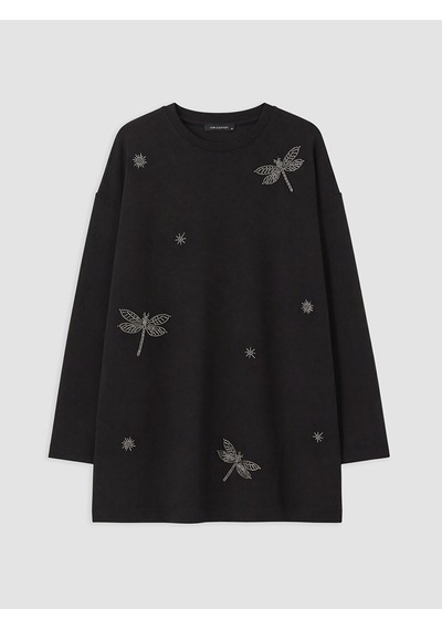 Lcw Everyday Siyah Boncuk İşlemeli Oversize Kadın Sweatshirt Tunik
