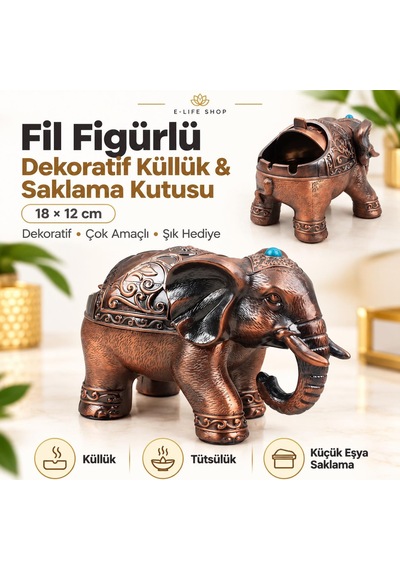 Lüks Alaşım Metal Fil Figürlü Kapaklı Dekoratif Küllük Ve Takı Saklama Kutusu Metal Biblo 18 X 12 Cm
