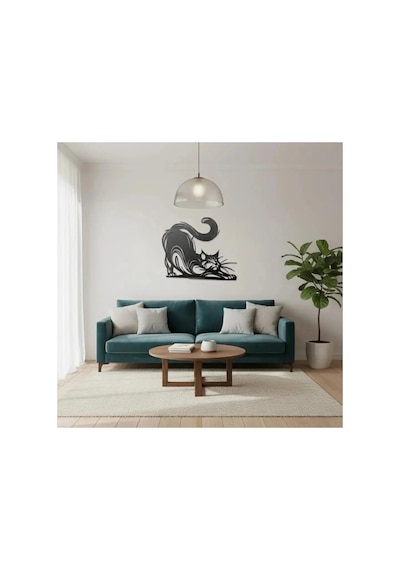 Dekoratif Metal Kedi Duvar Tablosu - Metal Duvar Sanatı - Mor - 30 X 30 Cm