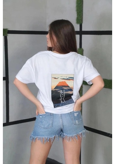 Freedom Storee Kadın Bisiklet Yaka Baskılı Kısa Kol Oversize T-shirt- Beyaz Çok Renkli