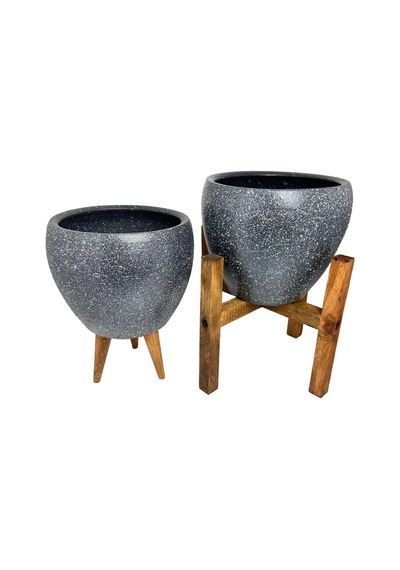 Bitki Tasarımı Ev Dekorasyon Gri Granit Toprak Saksı Saksılık Salon Çiçeklik İkili Set 3 Ayaklı- 4 Ayaklı- 15 CM