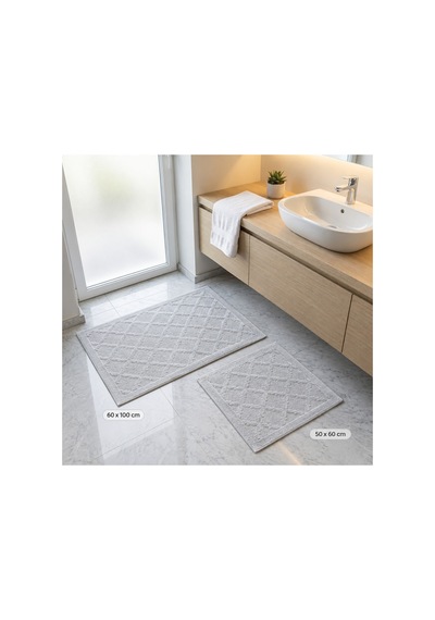 Lavinia 2'li Banyo Paspas Takımı %65 Pamuk Yüksek Emici Pamuklu Banyo Paspası 60x100 Cm + 50x60 Cm Gri