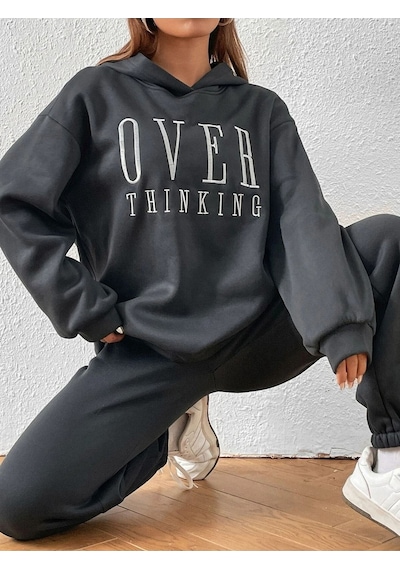 Over Thinking Eşofman Takımı Sweatshirt Jogger -füme Baskılı Oversize Şardonlu Kapüşonlu Lastik Paç Füme Over Thinking Eşofman Takımı Sweatshirt Jogger -füme Baskılı Oversize Şardonlu Kapüşonlu Lastik Paç Füme