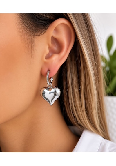 Cm Jewelry Kalp Detaylı Gümüş Renk Çelik Küpe