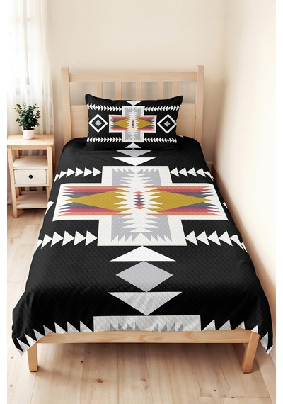 Siyah Etnik Geometrik Genç Odası Tek Kişilik Pike Takımı - Bohem Antrasit 160x220 Cm Yatak Örtüsü Şeffaf