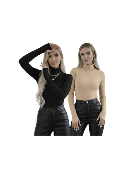 Hashtag Kadın Balıkçı Yaka Parmak Detaylı Body 2'li Set Viskon Kumaş Siyah Bej
