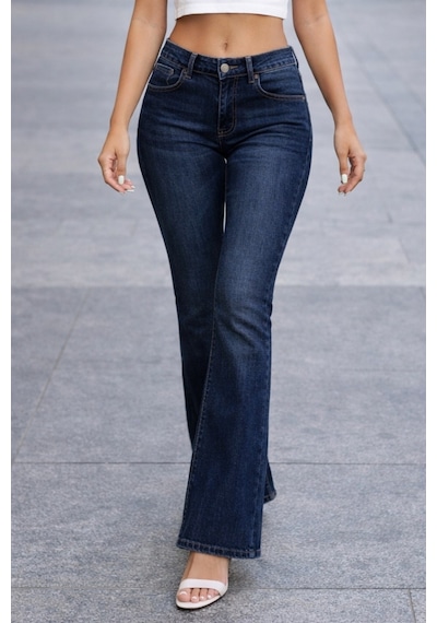 Cedy Denım Yüksek Kalite Kadın 5 Cep Düşük Bel İspanyol Paça Skinnyfit Esnek Jean Pantolon C619 Lacivert