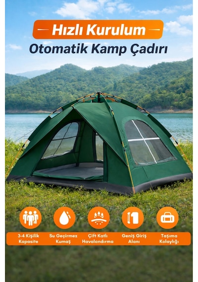 3 Kişilik Otomatik Kamp Çadırı Çift Katmanlı Su Geçirmez Hızlı Kurulum 220x200x145 Cm Yeşil