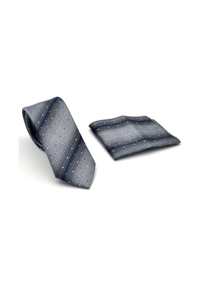 Gaffy Füme Verev Desenli Gri Dokuma Kumaş Mendilli Slim Fit Kravat // Sdk-2505-4 Gri