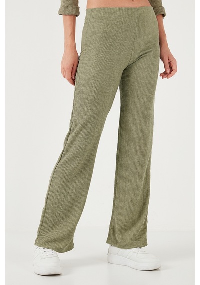 Lela Slim Fit Yüksek Bel Geniş Paça Dokulu Bayan Pantolon 5865944 Olive