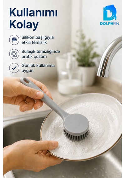 Silikon Başlıklı Bulaşık Ve Lavabo Temizleme Fırçası 22 Cm Gri