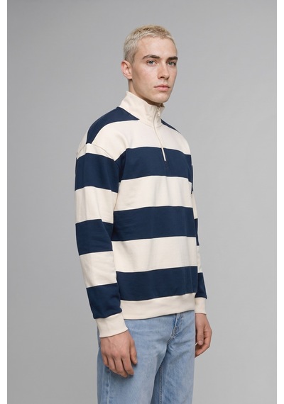 Defacto Boxy Fit Dik Yaka Yarım Fermuarlı Çizgili Sweatshirt C7045ax26aunv94 Lacivert-nv94